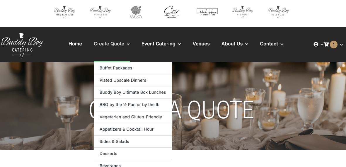 Buddy Boy Catering - Website navigation menu for Buddy Boy Catering with event catering options such as buffet packages, plated dinners, BBQ, vegetarian, appetizers, and desserts displayed.